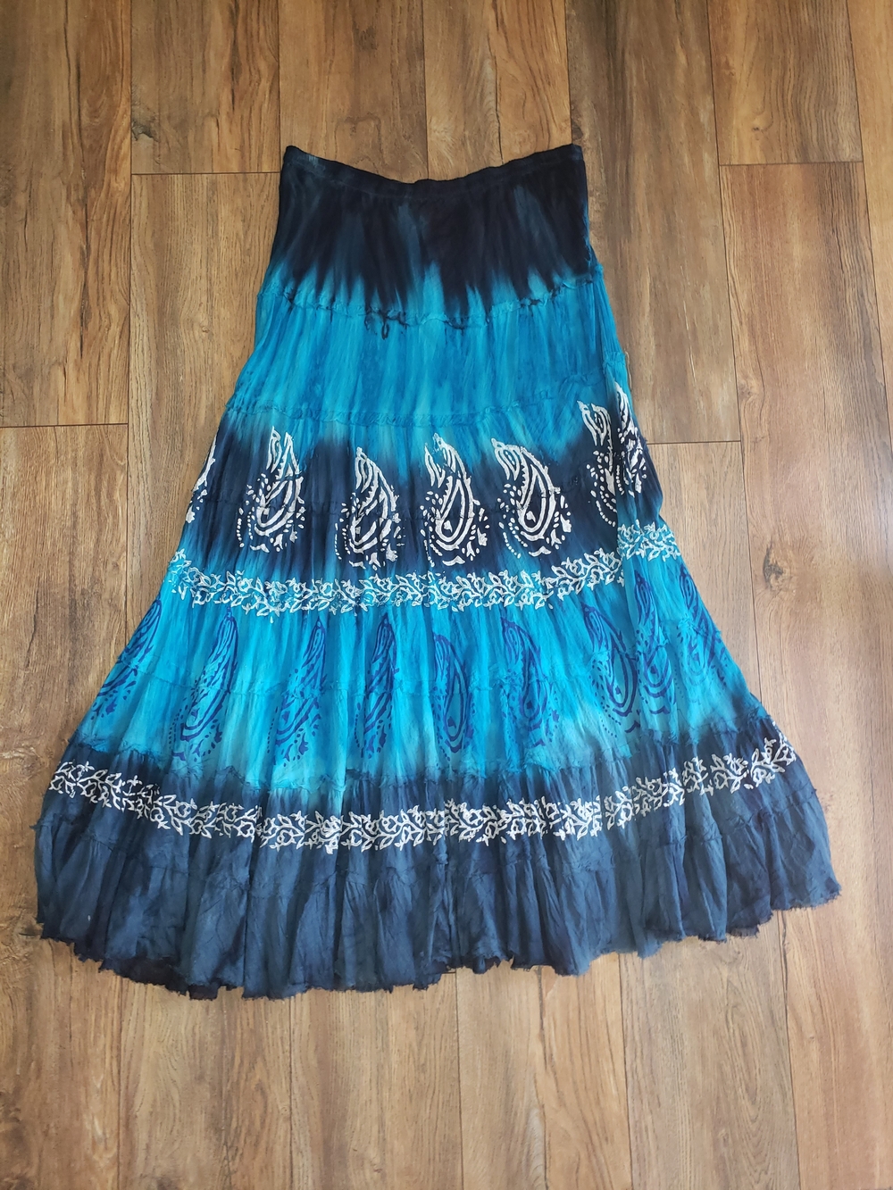 Solitaire Blues to Black Tie-Dye Raw Edge Maxi Skirt - Large